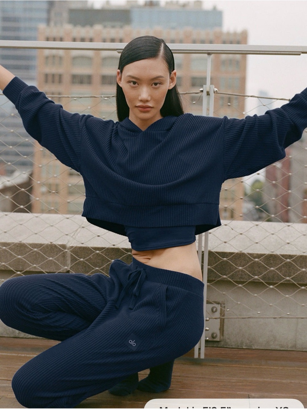 ALO Muse Navy Ribbed Cropped Hoodie & Joggers Set- Small